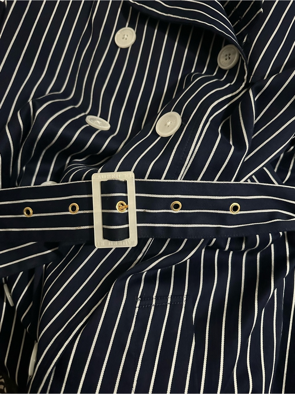 Lauren Ralph Lauren Navy White Stripes 100% Cotton Belted Trench Pea Coat Sz XL - Picture 12 of 14